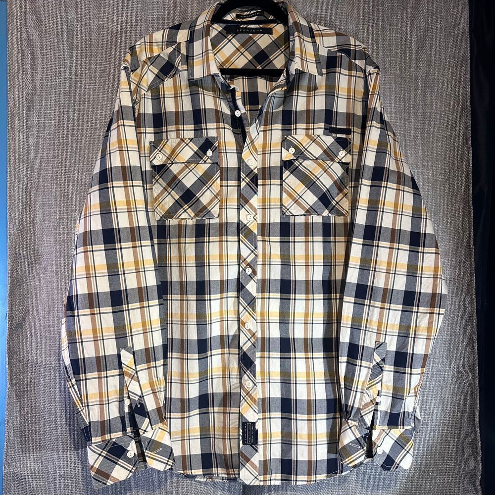 Sean John Tailored Fit‎ White, Brown & Black Long sleeve button down shirt 3XL
